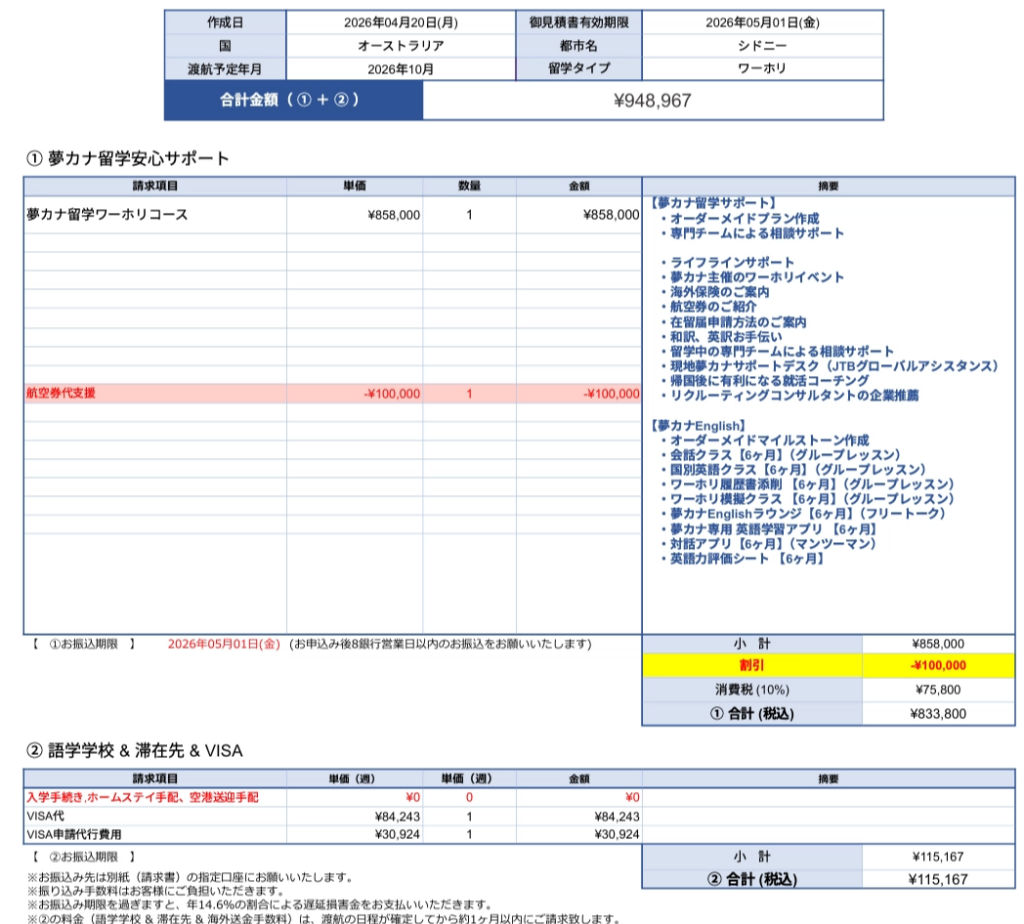 夢カナ留学から提案されたオーダーメイド料金プランの見積書