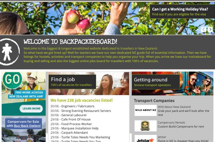 Backpacker Board 求人サイトの画面