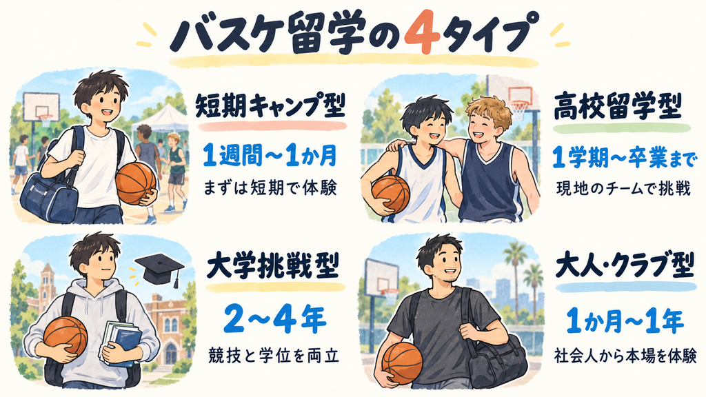 バスケ留学の4タイプ（短期キャンプ型・高校留学型・大学挑戦型・大人クラブ型）の期間と特徴