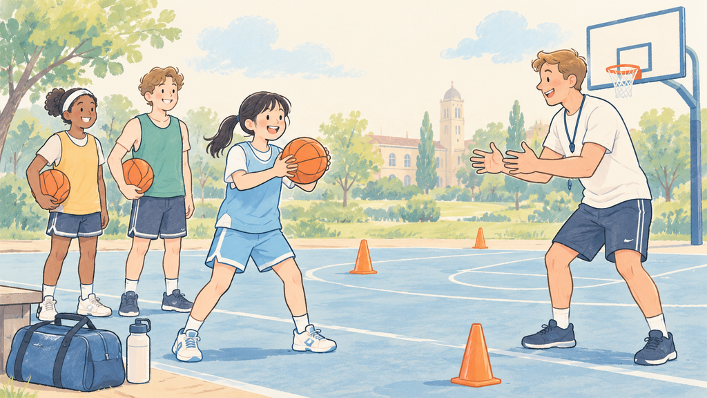 海外のバスケットボールキャンプで現地の選手とパスを交わす日本人参加者のイメージ
