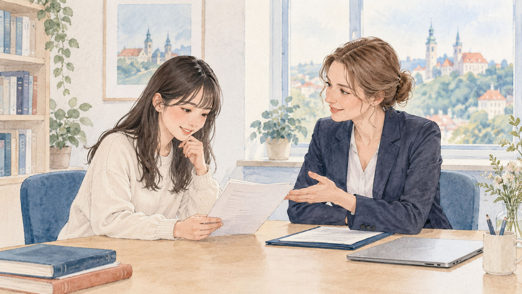 奨学金と出願書類について相談する学生のイメージ