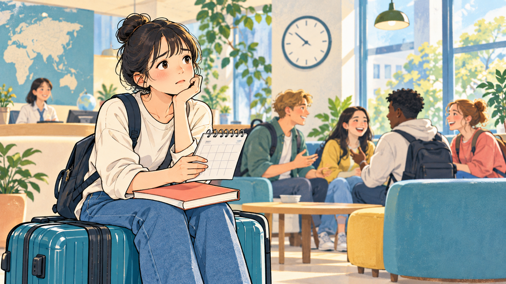 スーツケースと時計で表した2週間留学の準備のイメージ