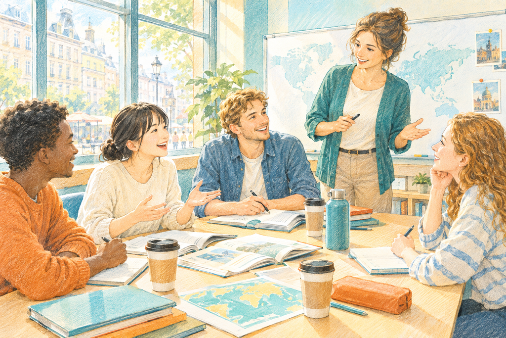 語学学校の教室で各国の留学生と英語で話し合う日本人留学生